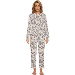 White And Brown Floral Wallpaper Flowers Background Pattern Womens  Long Sleeve Lightweight Pajamas Set by B30l