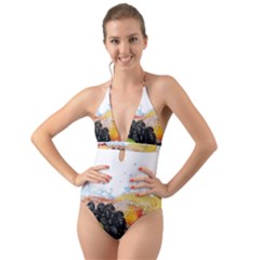 Variety Of Fruit Water Berry Food Splash Kiwi Grape Halter Cut-out One Piece Swimsuit by B30l