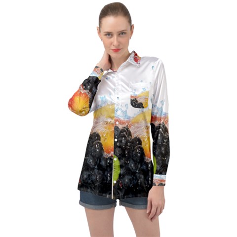 Variety Of Fruit Water Berry Food Splash Kiwi Grape Long Sleeve Satin Shirt by B30l