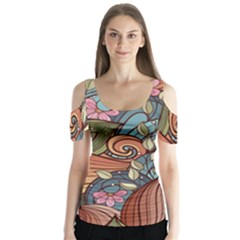 Multicolored Flower Decor Flowers Patterns Leaves Colorful Butterfly Sleeve Cutout Tee 