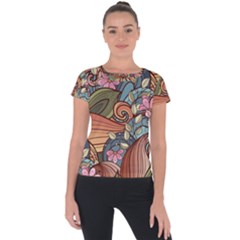 Multicolored Flower Decor Flowers Patterns Leaves Colorful Short Sleeve Sports Top 