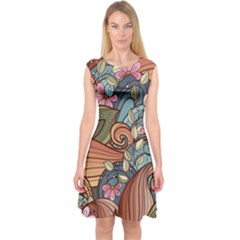 Multicolored Flower Decor Flowers Patterns Leaves Colorful Capsleeve Midi Dress