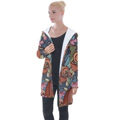 Multicolored Flower Decor Flowers Patterns Leaves Colorful Longline Hooded Cardigan