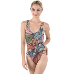 Multicolored Flower Decor Flowers Patterns Leaves Colorful High Leg Strappy Swimsuit