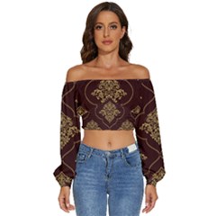 Vector Gold Ornament Pattern Seamless Damask Long Sleeve Crinkled Weave Crop Top