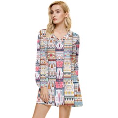 Pattern Texture Multi Colored Variation Tiered Long Sleeve Mini Dress by danenraven