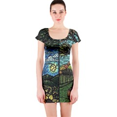 Four Assorted Illustrations Collage Winter Autumn Summer Picture Short Sleeve Bodycon Dress