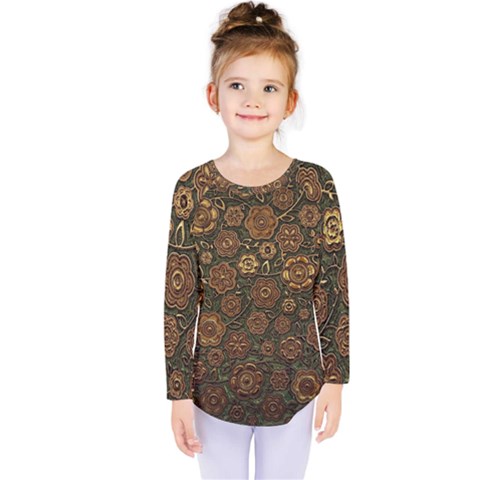 Brown And Green Floral Print Textile Ornament Pattern Texture Kids  Long Sleeve Tee by danenraven