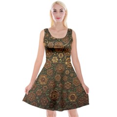 Brown And Green Floral Print Textile Ornament Pattern Texture Reversible Velvet Sleeveless Dress by danenraven