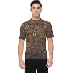 Brown And Green Floral Print Textile Ornament Pattern Texture Men s Short Sleeve Rash Guard by danenraven