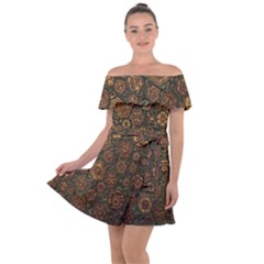 Brown And Green Floral Print Textile Ornament Pattern Texture Off Shoulder Velour Dress by danenraven