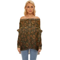 Brown And Green Floral Print Textile Ornament Pattern Texture Off Shoulder Chiffon Pocket Shirt