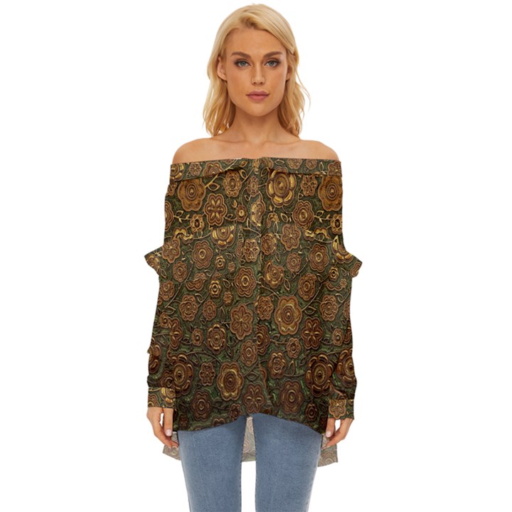 Brown And Green Floral Print Textile Ornament Pattern Texture Off Shoulder Chiffon Pocket Shirt