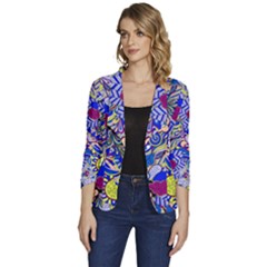 Blue Yellow Background Pattern Vector Texture Paisley Women s One-button 3/4 Sleeve Short Jacket by danenraven