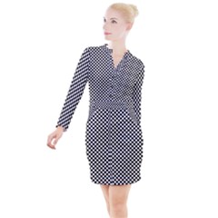 Black And White Checkerboard Background Board Checker Button Long Sleeve Dress by Cowasu