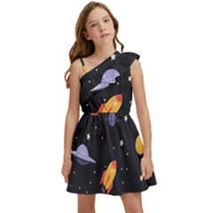 Cosmos Rockets Spaceships Ufos Kids  One Shoulder Party Dress by Cowasu