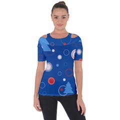 Christmas Pattern Tree Design Shoulder Cut Out Short Sleeve Top by Cowasu