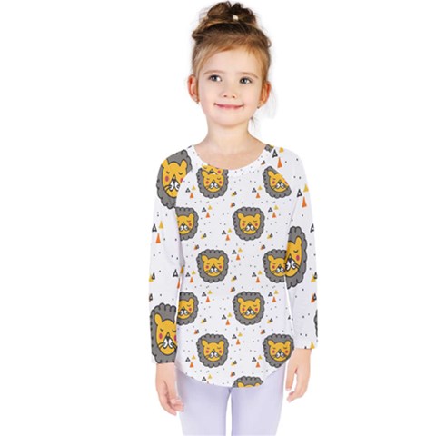 Lion Heads Pattern Design Doodle Kids  Long Sleeve Tee by Cowasu