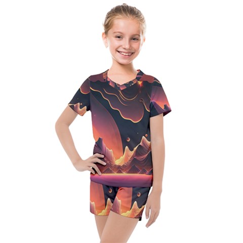 Fire Flame Burn Hot Heat Light Burning Orange Kids  Mesh Tee And Shorts Set by Cowasu