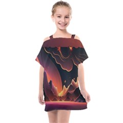 Fire Flame Burn Hot Heat Light Burning Orange Kids  One Piece Chiffon Dress by Cowasu