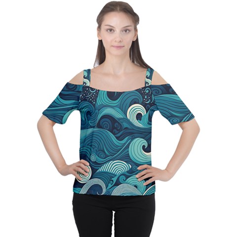 Waves Ocean Sea Abstract Whimsical Abstract Art Cutout Shoulder Tee by Cowasu