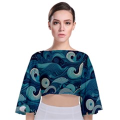 Waves Ocean Sea Abstract Whimsical Abstract Art Tie Back Butterfly Sleeve Chiffon Top