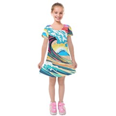 Ai Generated Waves Ocean Sea Tsunami Nautical Blue Sea (2) Kids  Short Sleeve Velvet Dress by Cowasu