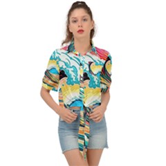 Ai Generated Waves Ocean Sea Tsunami Nautical Blue Sea (2) Tie Front Shirt  by Cowasu