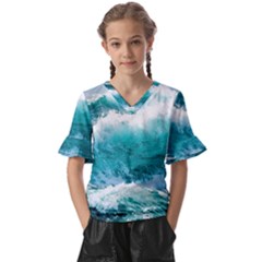 Ai Generated Waves Ocean Sea Tsunami Nautical Blue Sea Kids  V-neck Horn Sleeve Blouse by Cowasu