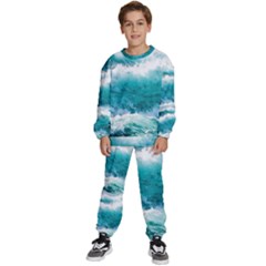 Ai Generated Waves Ocean Sea Tsunami Nautical Blue Sea Kids  Sweatshirt Set