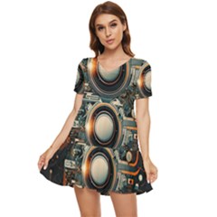 Illustrations Technology Robot Internet Processor Tiered Short Sleeve Babydoll Dress by Cowasu