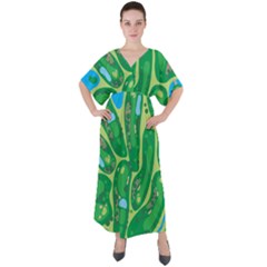 Golf Course Par Golf Course Green V-Neck Boho Style Maxi Dress