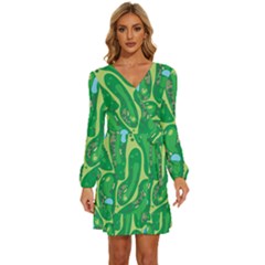 Golf Course Par Golf Course Green Long Sleeve Waist Tie Ruffle Velvet Dress