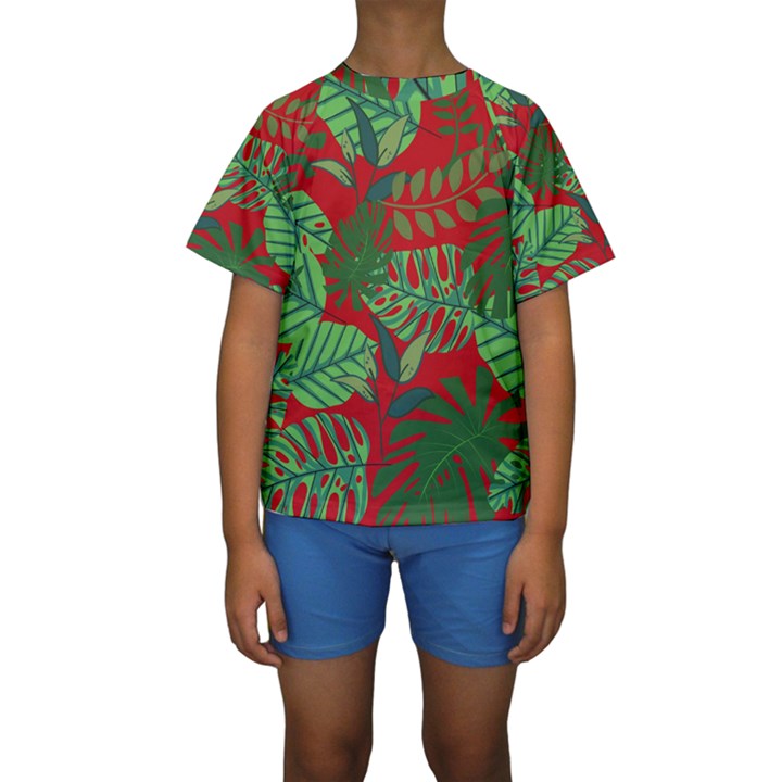 Leaves Leaf Nature Pattern Red Green Kids  Short Sleeve Swimwear