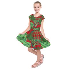 Leaves Leaf Nature Pattern Red Green Kids  Short Sleeve Dress by Cowasu