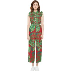 Leaves Leaf Nature Pattern Red Green Women s Frill Top Chiffon Jumpsuit by Cowasu