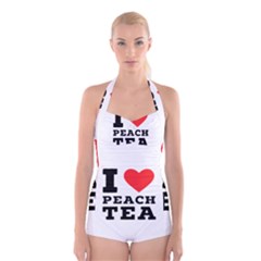 I Love Peach Tea Boyleg Halter Swimsuit  by ilovewhateva