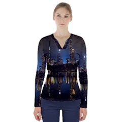 New York Night Central Park Skyscrapers Skyline V-neck Long Sleeve Top by Cowasu