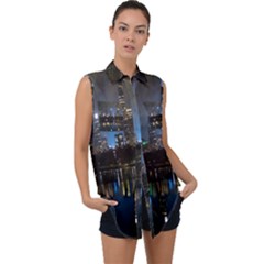 New York Night Central Park Skyscrapers Skyline Sleeveless Chiffon Button Shirt