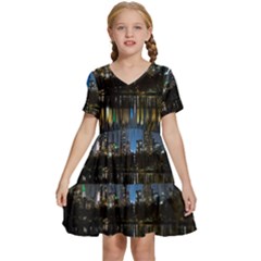 New York Night Central Park Skyscrapers Skyline Kids  Short Sleeve Tiered Mini Dress by Cowasu