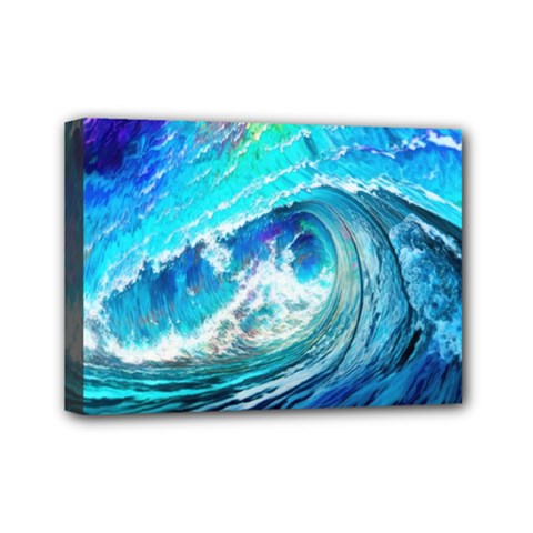 Tsunami Waves Ocean Sea Nautical Nature Water Painting Mini Canvas 7  x 5  (Stretched)