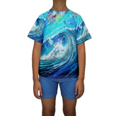 Tsunami Waves Ocean Sea Nautical Nature Water Painting Kids  Short Sleeve Swimwear