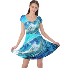 Tsunami Waves Ocean Sea Nautical Nature Water Painting Cap Sleeve Dress