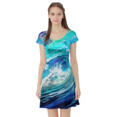 Tsunami Waves Ocean Sea Nautical Nature Water Painting Short Sleeve Skater Dress