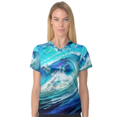 Tsunami Waves Ocean Sea Nautical Nature Water Painting V-Neck Sport Mesh Tee