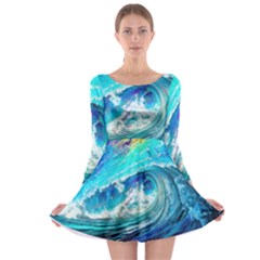 Tsunami Waves Ocean Sea Nautical Nature Water Painting Long Sleeve Skater Dress
