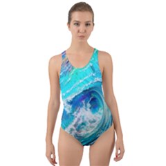 Tsunami Waves Ocean Sea Nautical Nature Water Painting Cut-Out Back One Piece Swimsuit