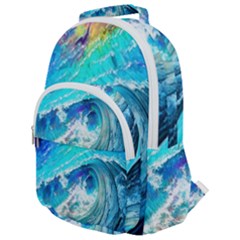 Tsunami Waves Ocean Sea Nautical Nature Water Painting Rounded Multi Pocket Backpack