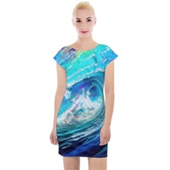 Tsunami Waves Ocean Sea Nautical Nature Water Painting Cap Sleeve Bodycon Dress