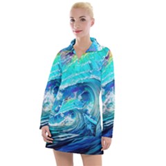 Tsunami Waves Ocean Sea Nautical Nature Water Painting Women s Long Sleeve Casual Dress